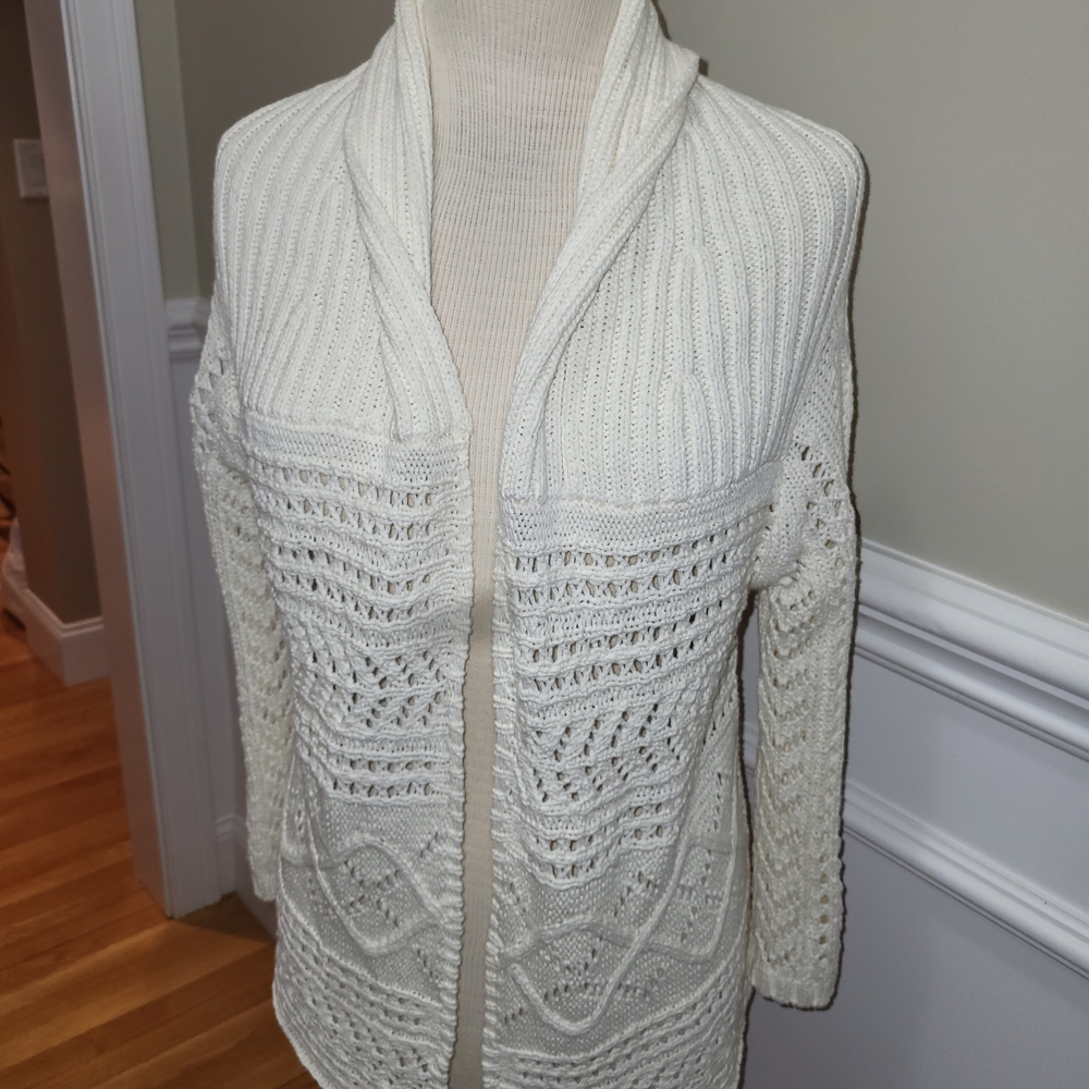 NIC+ZOE Cream Open-Front Cable & Eyelet Knit Cardigan